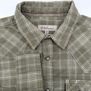 Blue Ranchwear Western Shirt Men Medium Olive Green Plaid Pearl Snap Long Sleeve